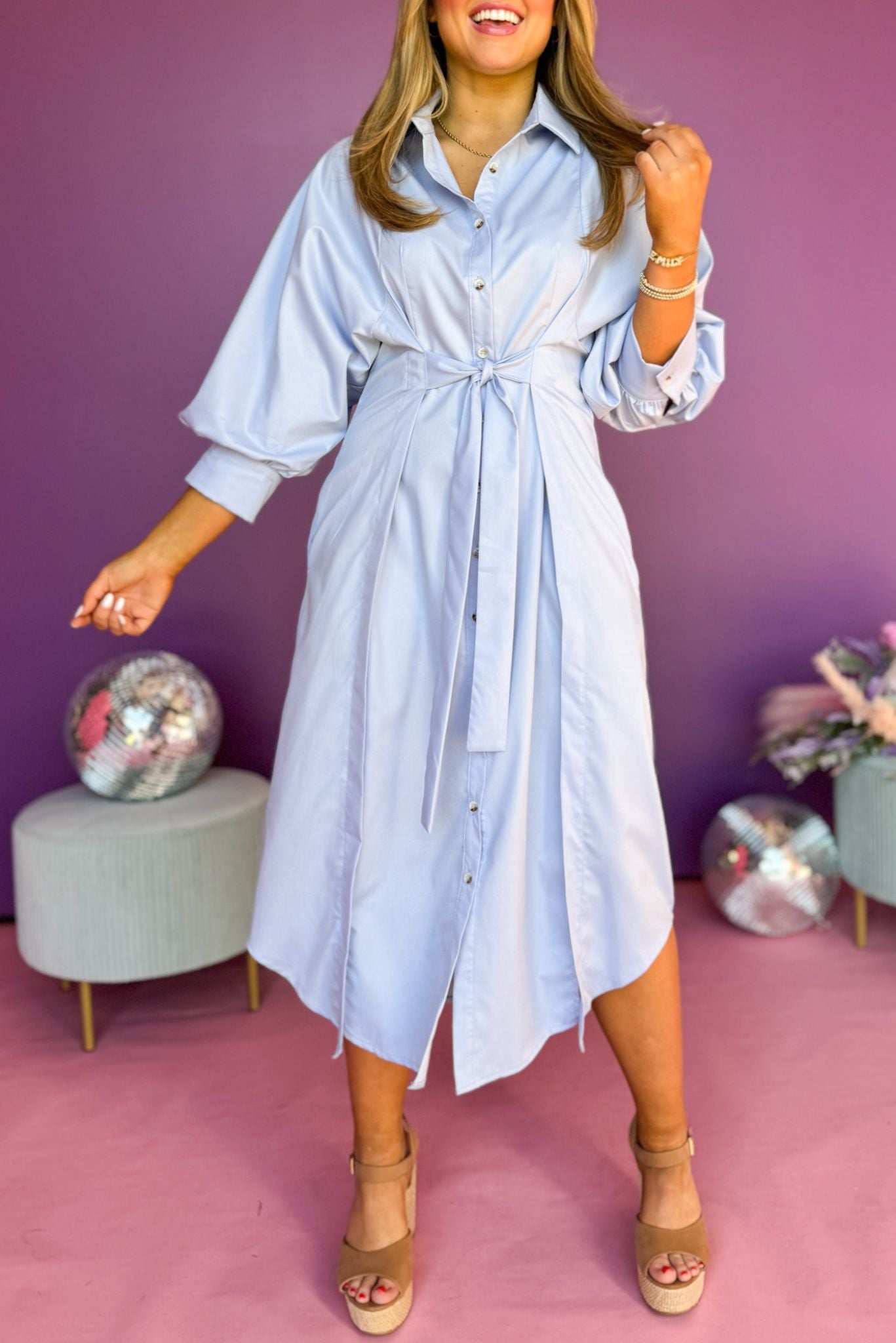 Blue Button Front Tie Waist Collared Midi Dress, must have dress, must have style, church style, spring fashion, elevated style, elevated dress, mom style, work dress, shop style your senses by mallory fitzsimmons