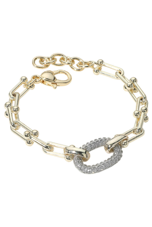 Gold Chain Link Bracelet with Crystal Oval Charm