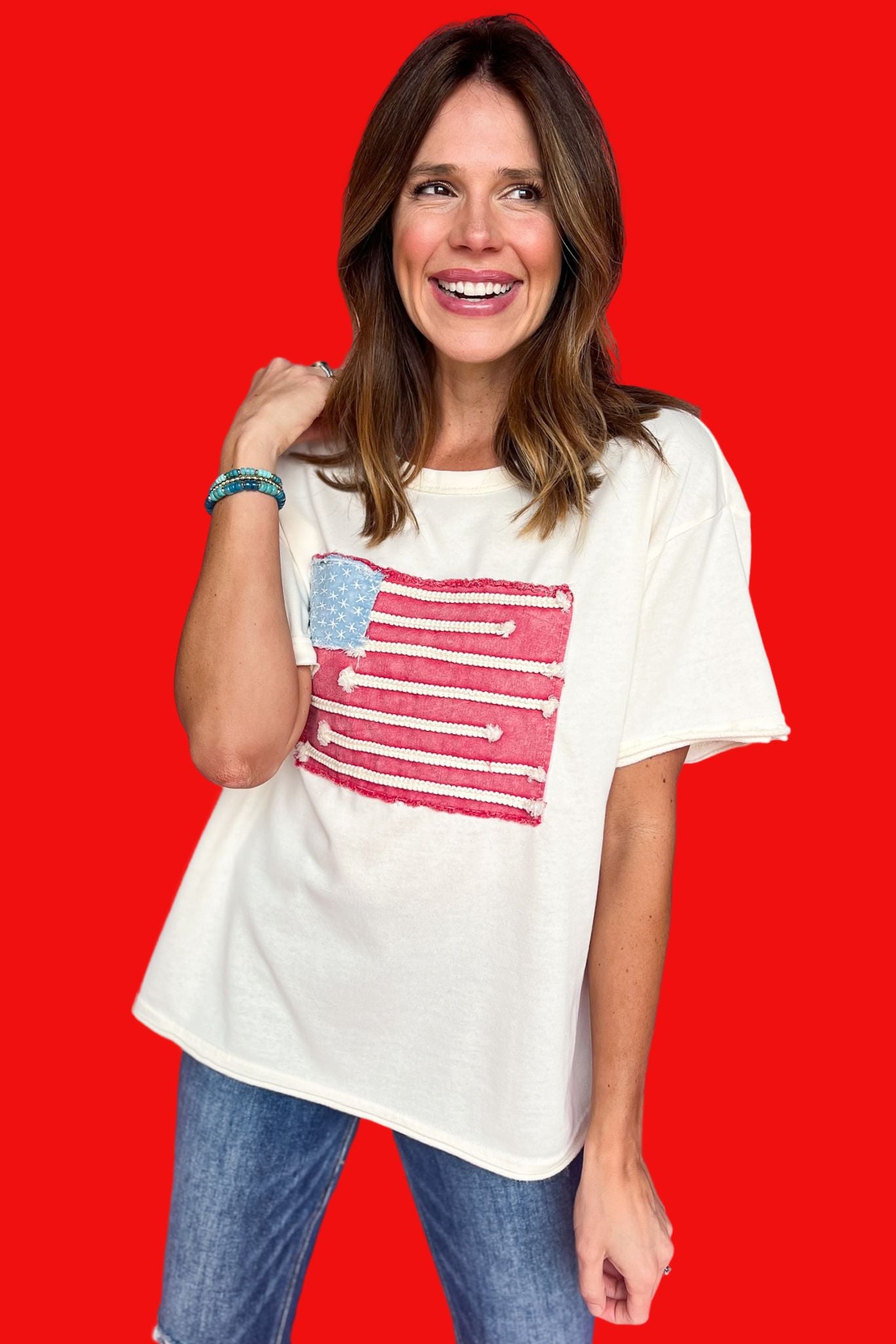 Ivory Drop Shoulder Natural Hem Short Sleeve American Flag Top, t-shirt, must have tee, elevated tee, Fourth of July style, must have style, patriotic style, summer style, summer top, ssys by MALLORY FITZSIMMONS