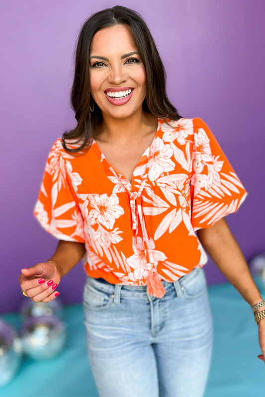  Orange Floral Print Tassel Tie Neck Short Puff Sleeve Top, printed top, tropical top, must have top, must have style, summer style, spring fashion, elevated style, elevated top, mom style, shop style your senses by mallory fitzsimmons, ssys by mallory fitzsimmons