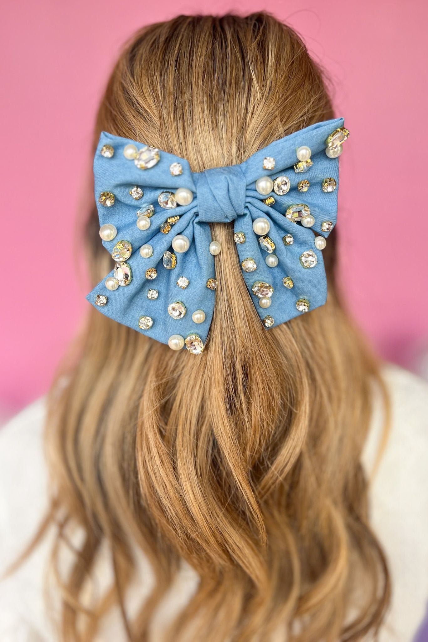 Chambray Pearl Rhinestone Hair Bow, accessory, hair accessory, rhinestone detail, shop style your senses by mallory fitzsimmons, ssys by mallory fitzsimmons