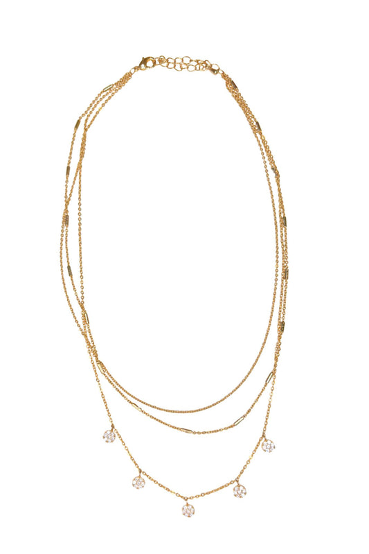 Gold Triple Chain Diamond Circle Necklace