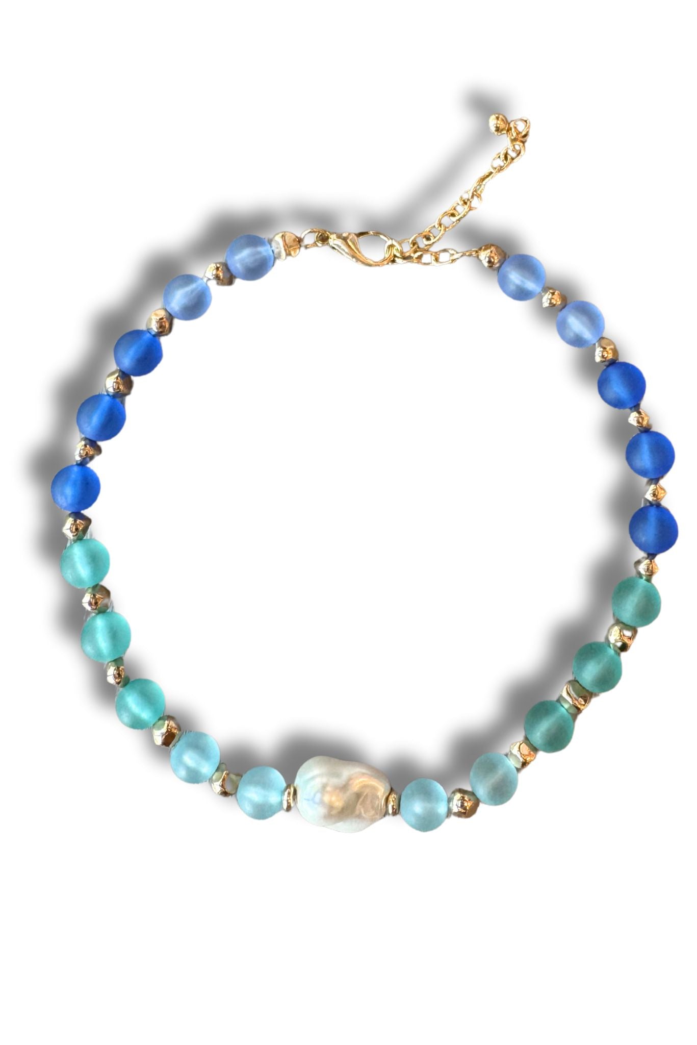 Blue Sea Glass Bead Pearl Pendant Necklace