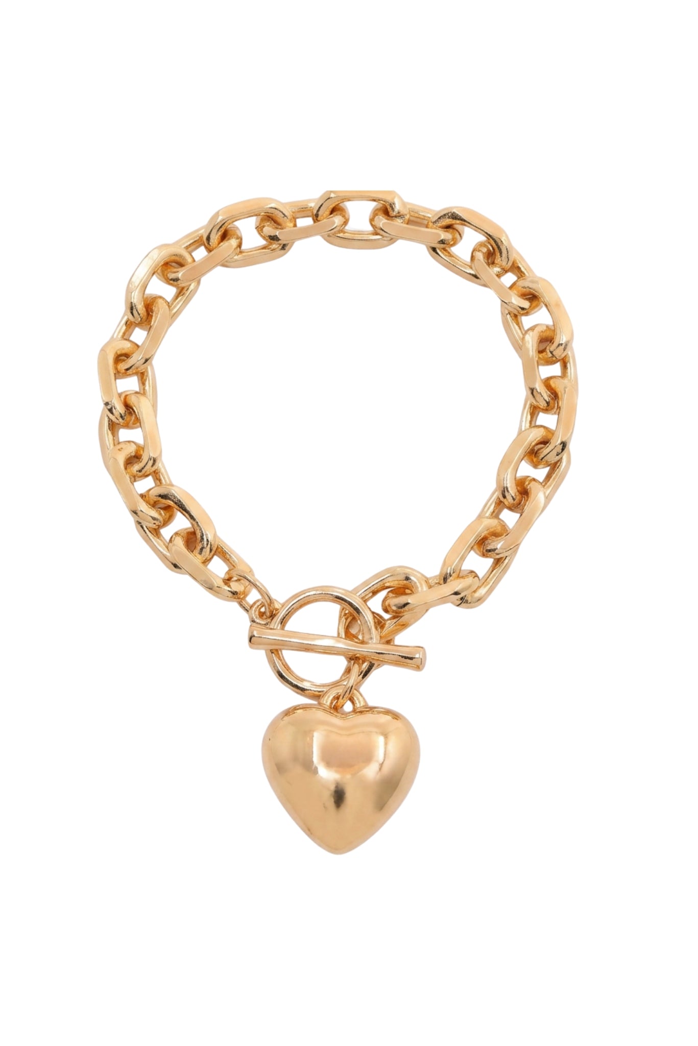 Gold Puffy Heart Oval Link Toggle Clasp Bracelet