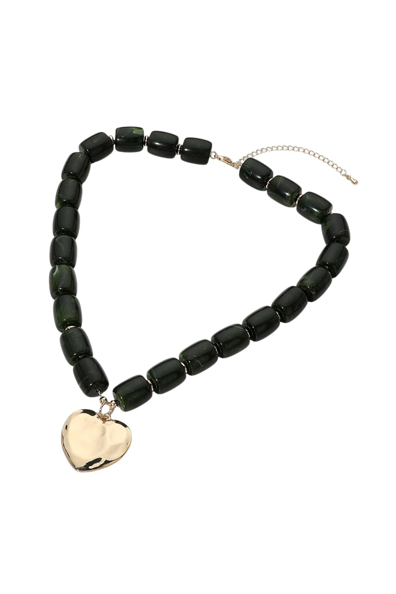 Dark Green Beaded Necklace With Hammered Gold Heart Pendant
