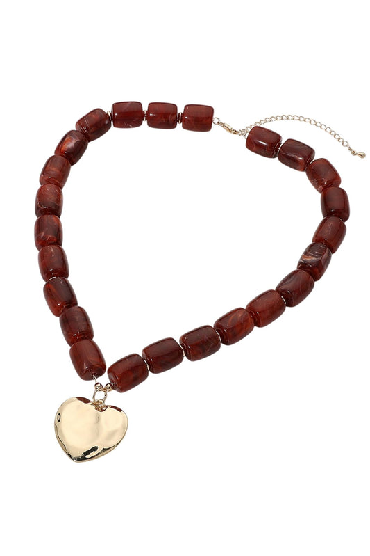Tortoise Beaded Necklace With Hammered Gold Heart Pendant