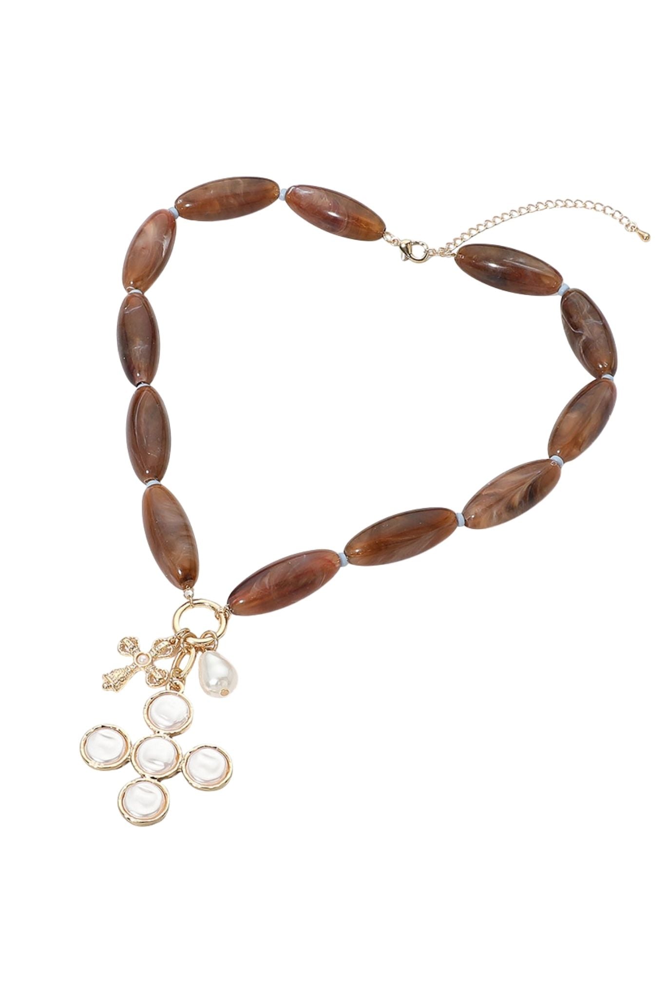 Tortoise Oval Beaded Necklace With Pearl Cross Charm Pendant