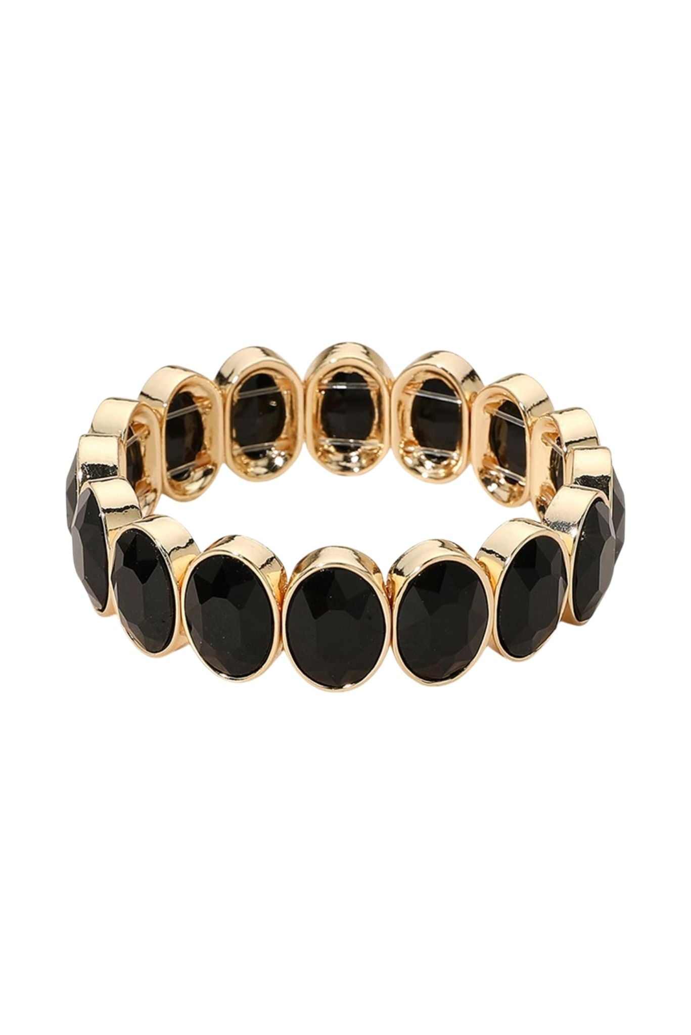 Black Oval Faceted Stone Beaded Stretch Bracelet