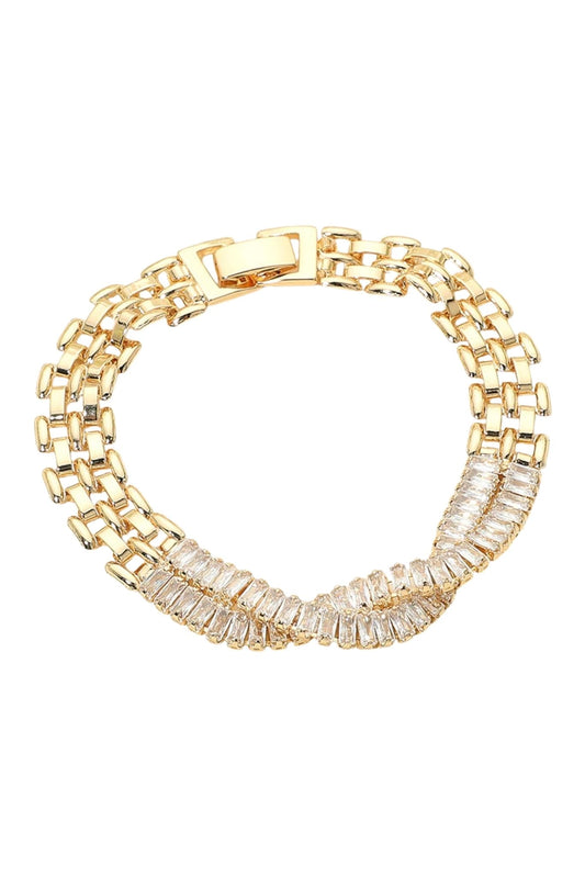 Gold Baguette CZ Embellished Twist Multi Link Chain Bracelet