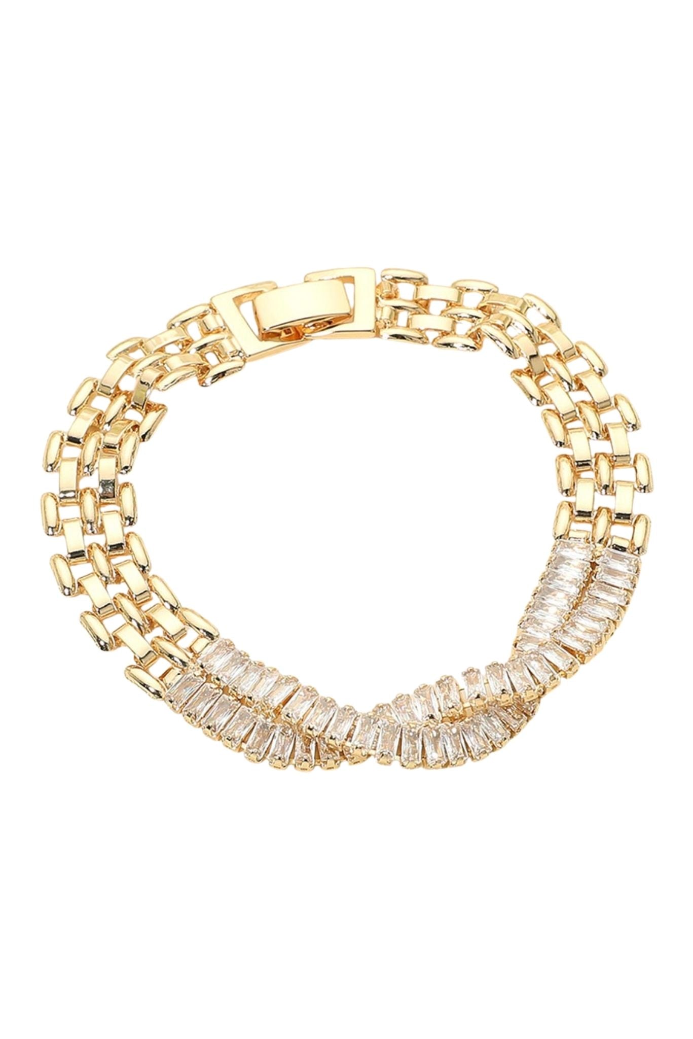 Gold Baguette CZ Embellished Twist Multi Link Chain Bracelet