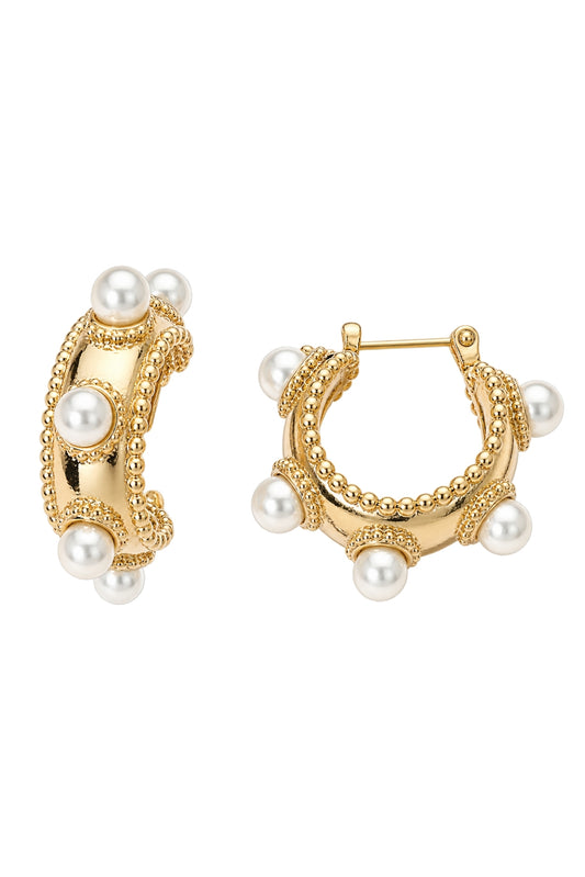 Gold and Pearl Textured Hoop Earrings