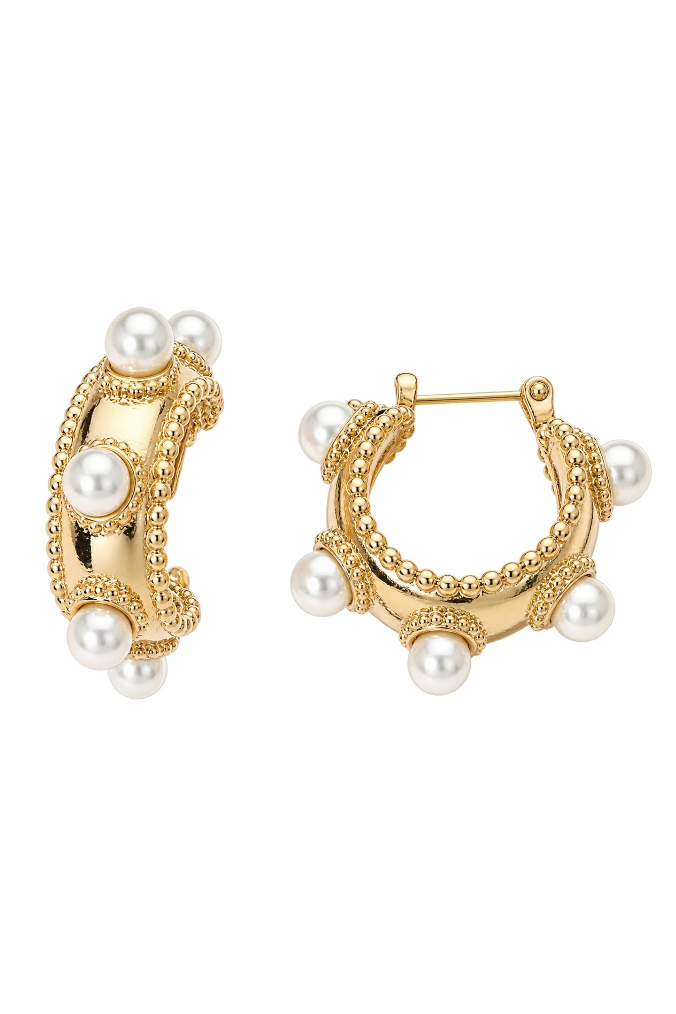 Gold and Pearl Textured Hoop Earrings