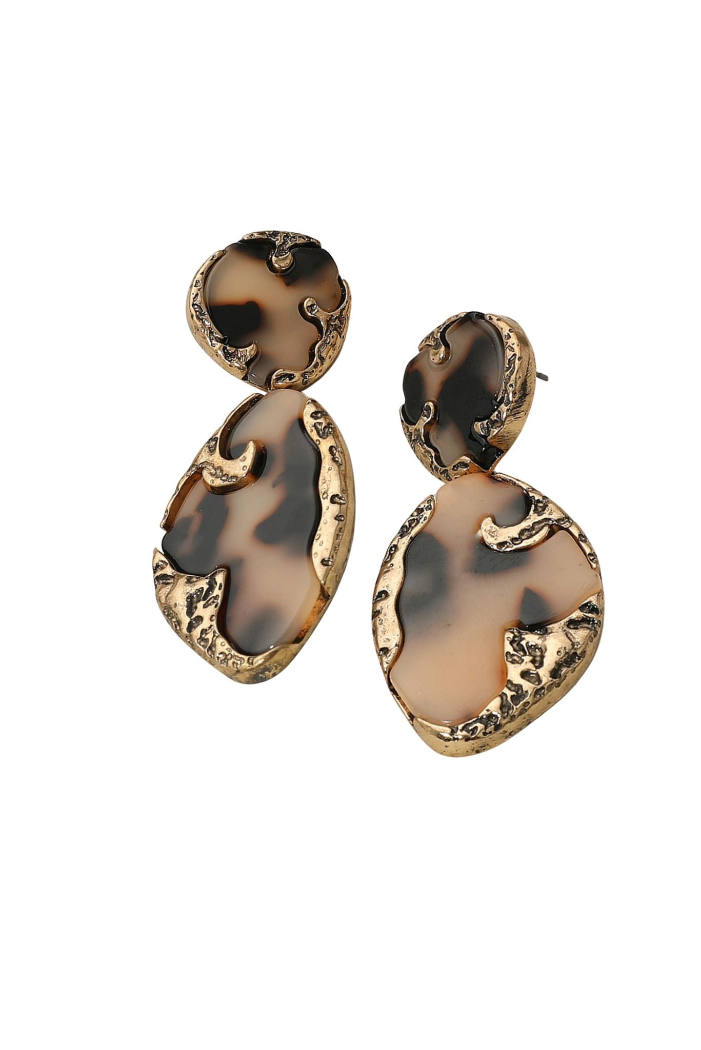 Tortoise and Gold Textured Abstract Drop Dangle Statement Earrings