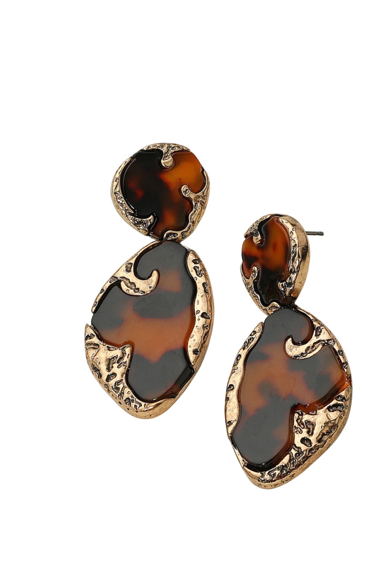 Dark Tortoise and Gold Textured Abstract Drop Dangle Statement Earrings