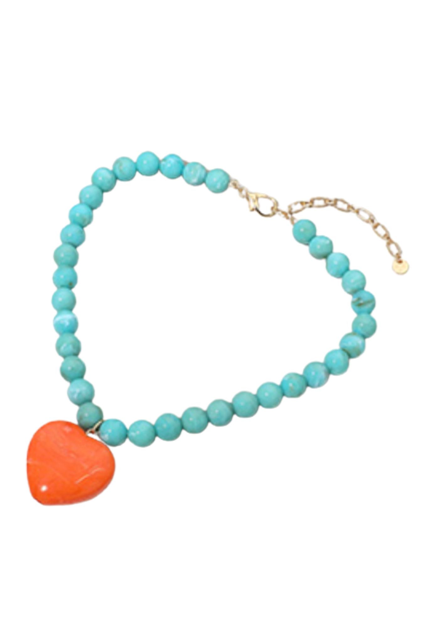 Orange Marbled Heart Charm Beaded Necklace