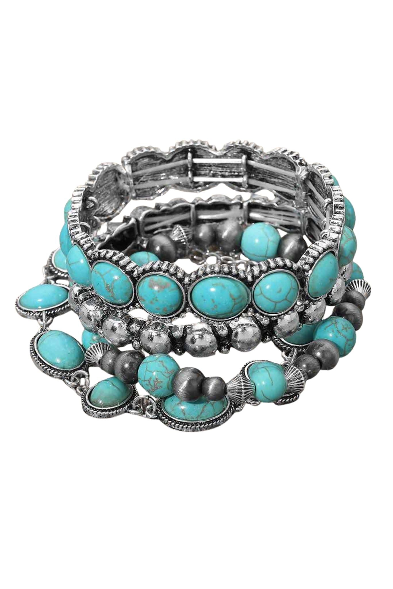 Turquoise Round Stone Pearl Embellished Stretch Multi Layered Bracelets