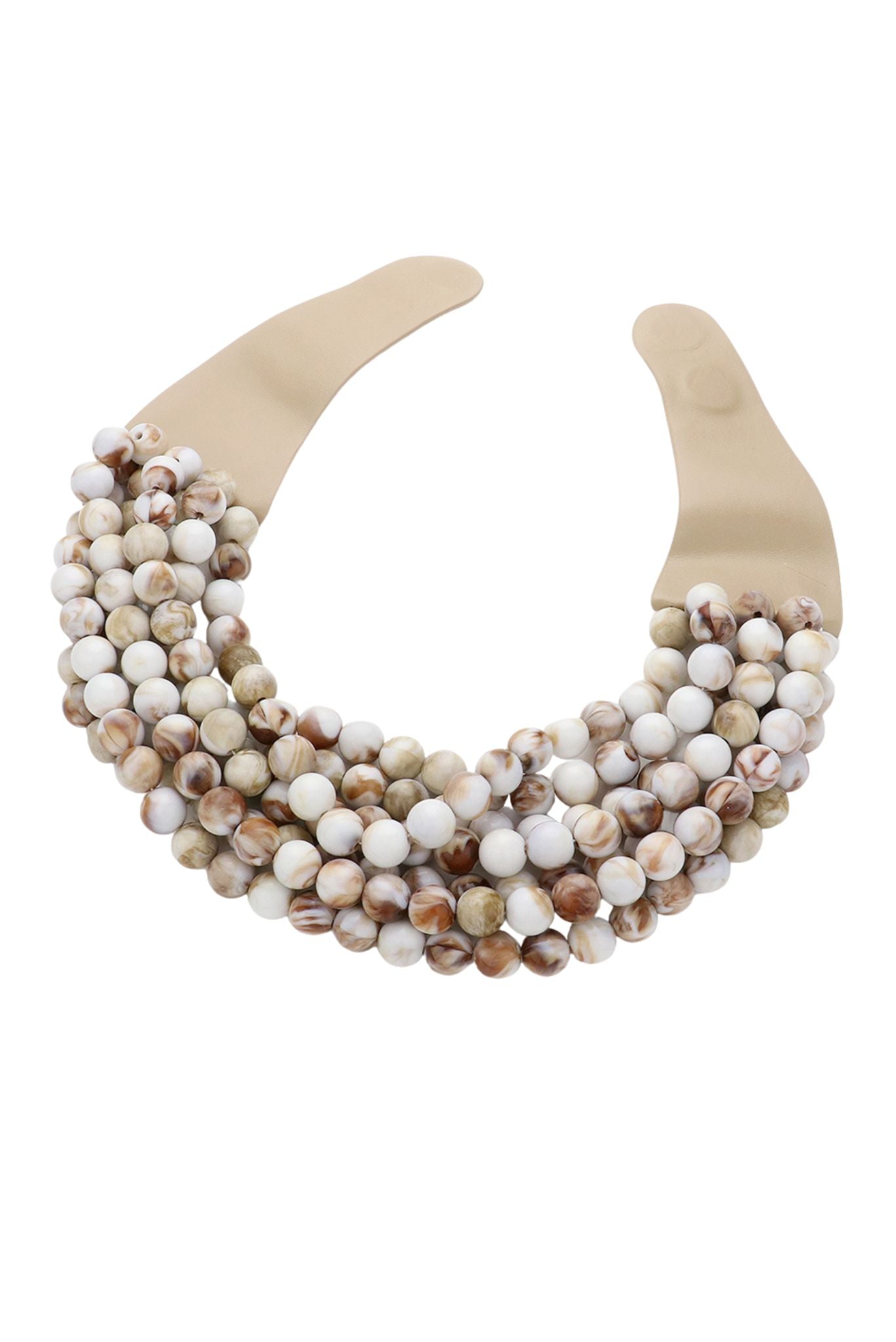 Ivory and Brown Beaded Multi Layered Faux Leather Necklace
