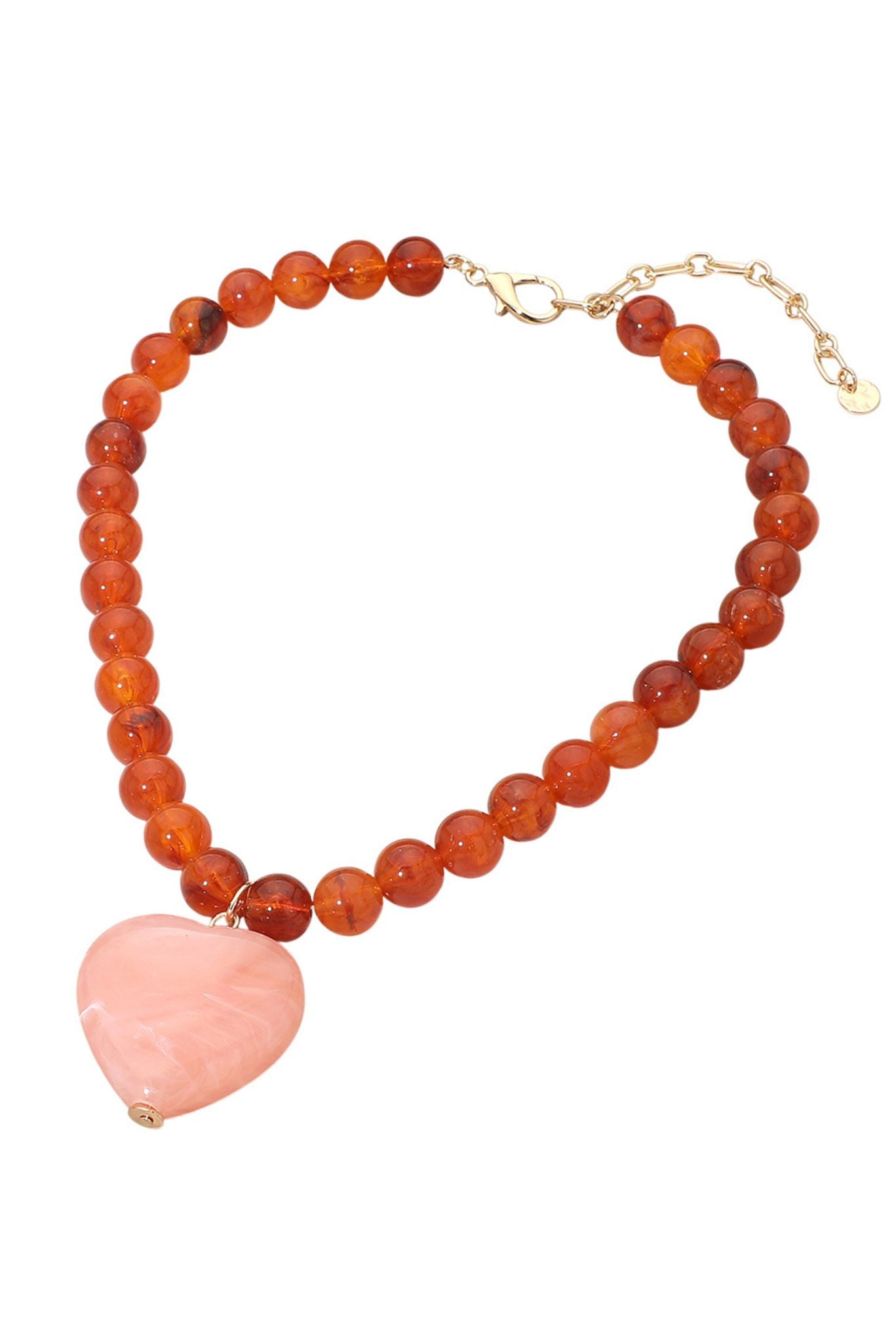 Red Marbled Resin Heart Charm Beaded Necklace