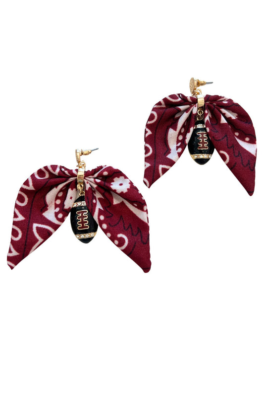 Burgundy Football Fabric Bow Drop Earrings