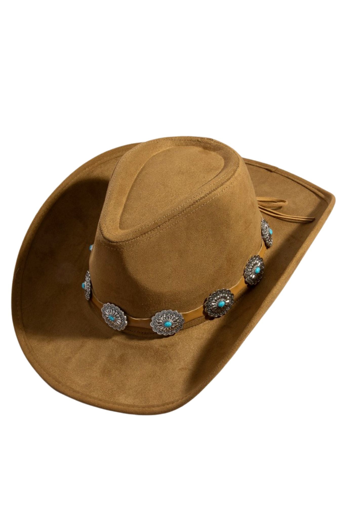 Tan Cowboy Hat With Turquoise and Silver Concho Band