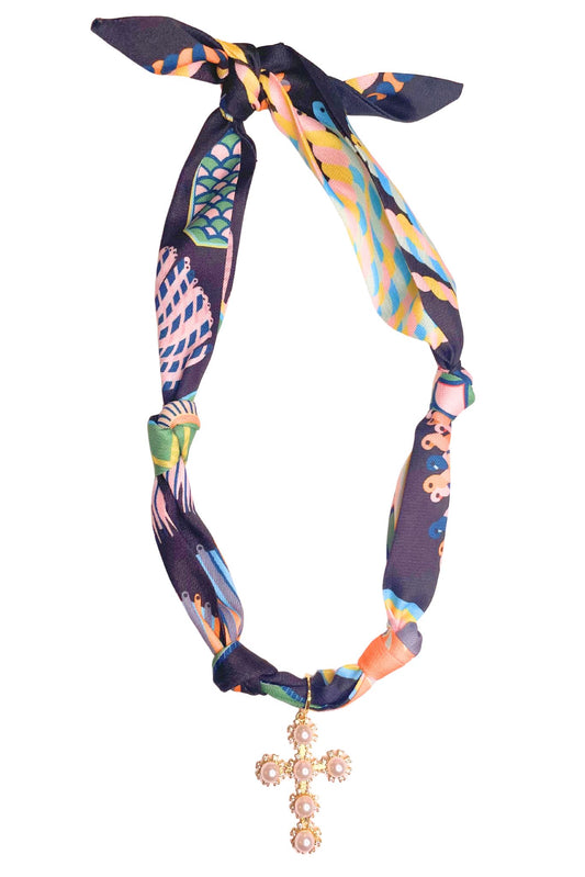Black Pearl Cross Charm Scarf Necklace