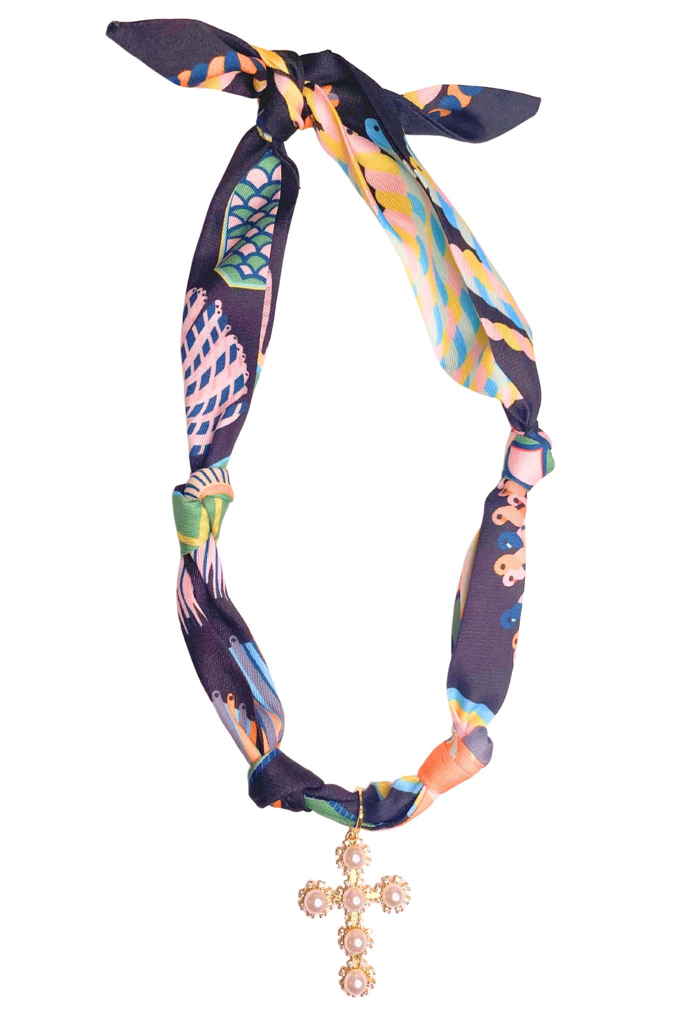 Black Pearl Cross Charm Scarf Necklace