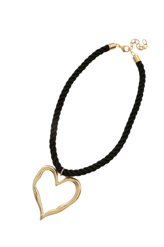 Black Abstract Heart Pendant Braided Necklace