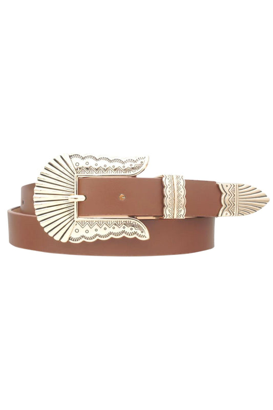 Brown Ribbed Engrave Western Buckle Belt