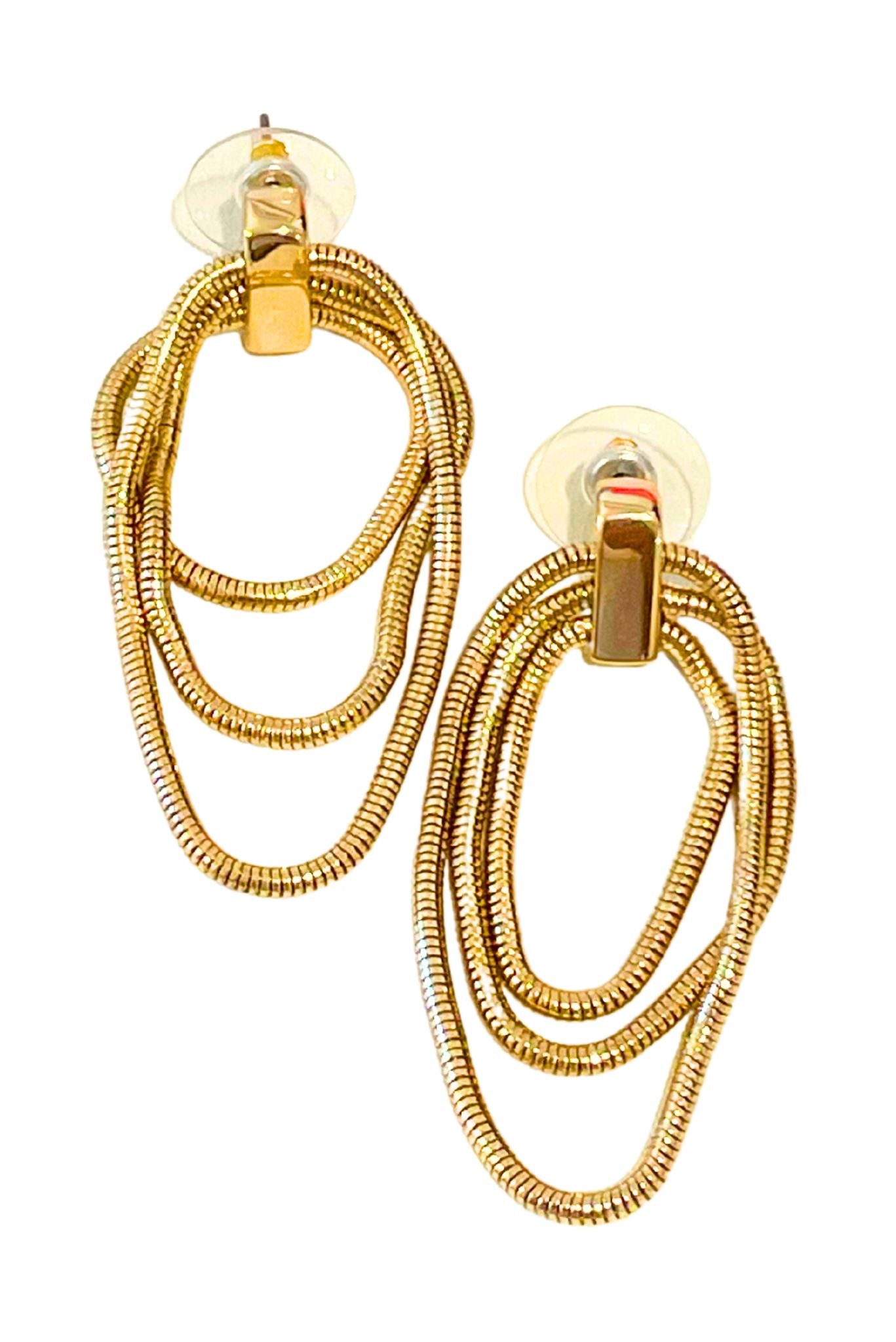 Gold Triple Layer Curb Chain Open Oval Dangle Earrings
