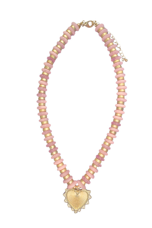 Pink Bead Heart Pendant Necklace