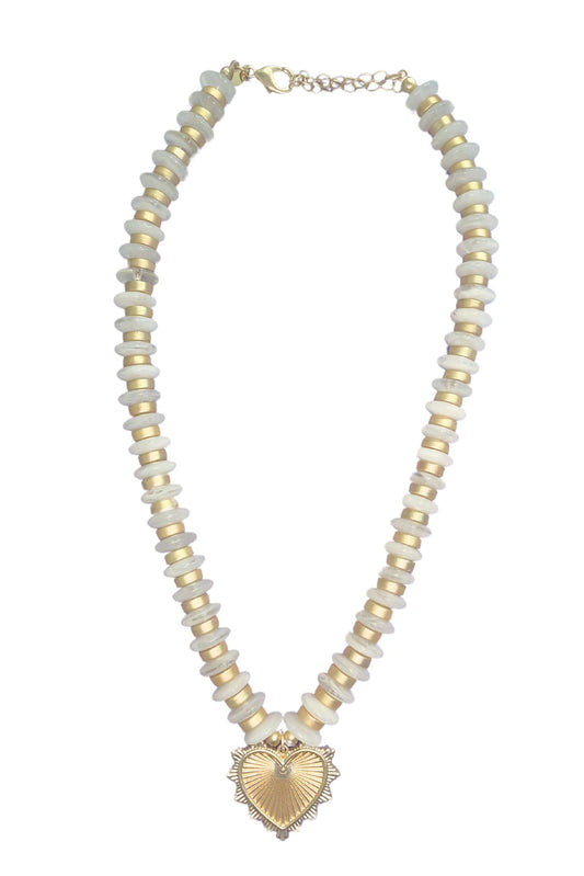 White Bead Heart Pendant Necklace