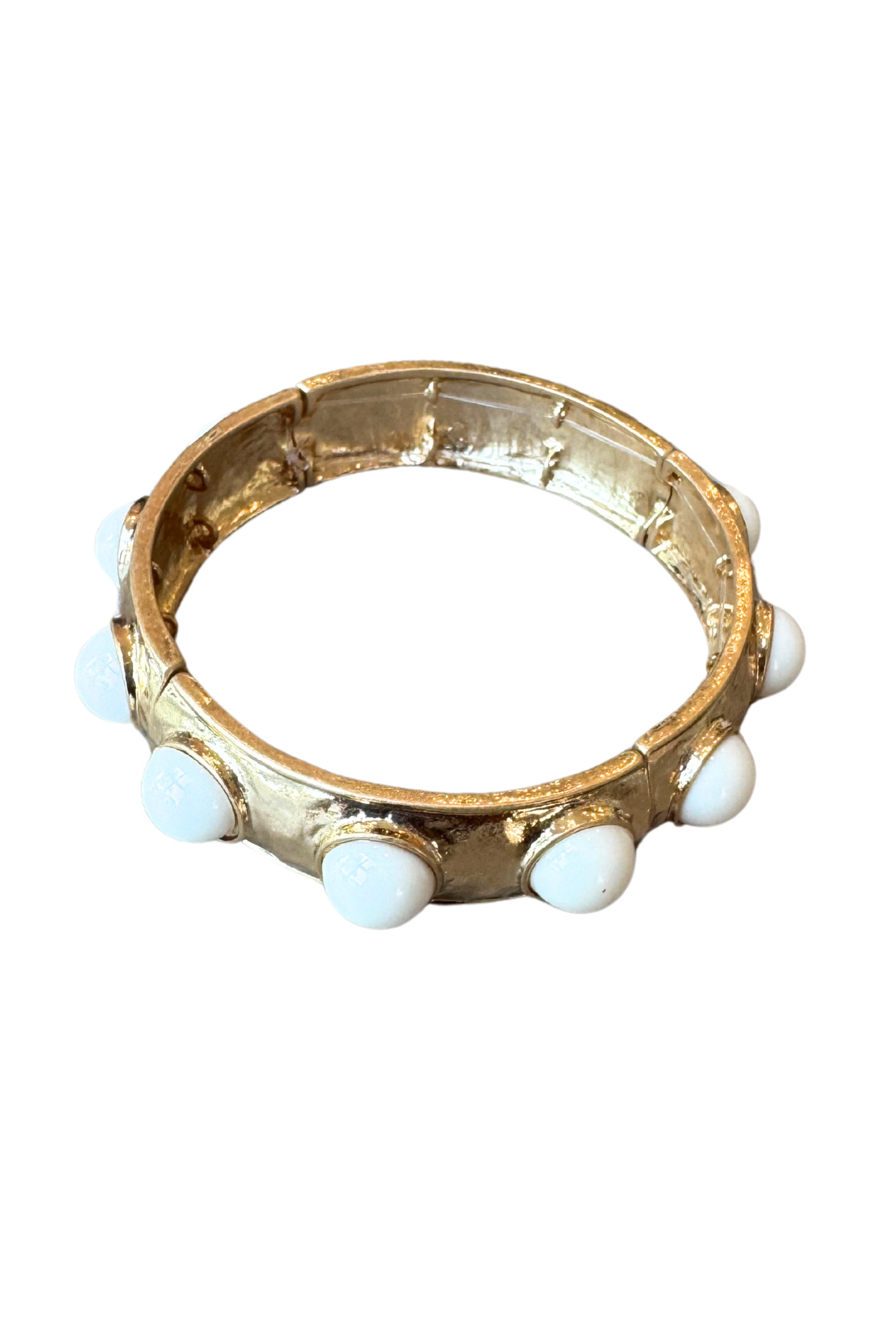 Ivory Bead Embellished Hammered Metal Stretch Bracelet