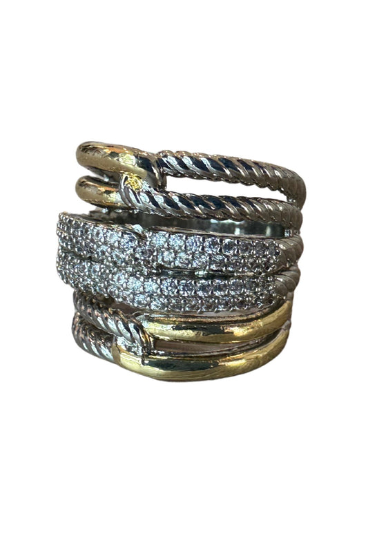 Silver Two Tone Multi Band Stone Paved Ring