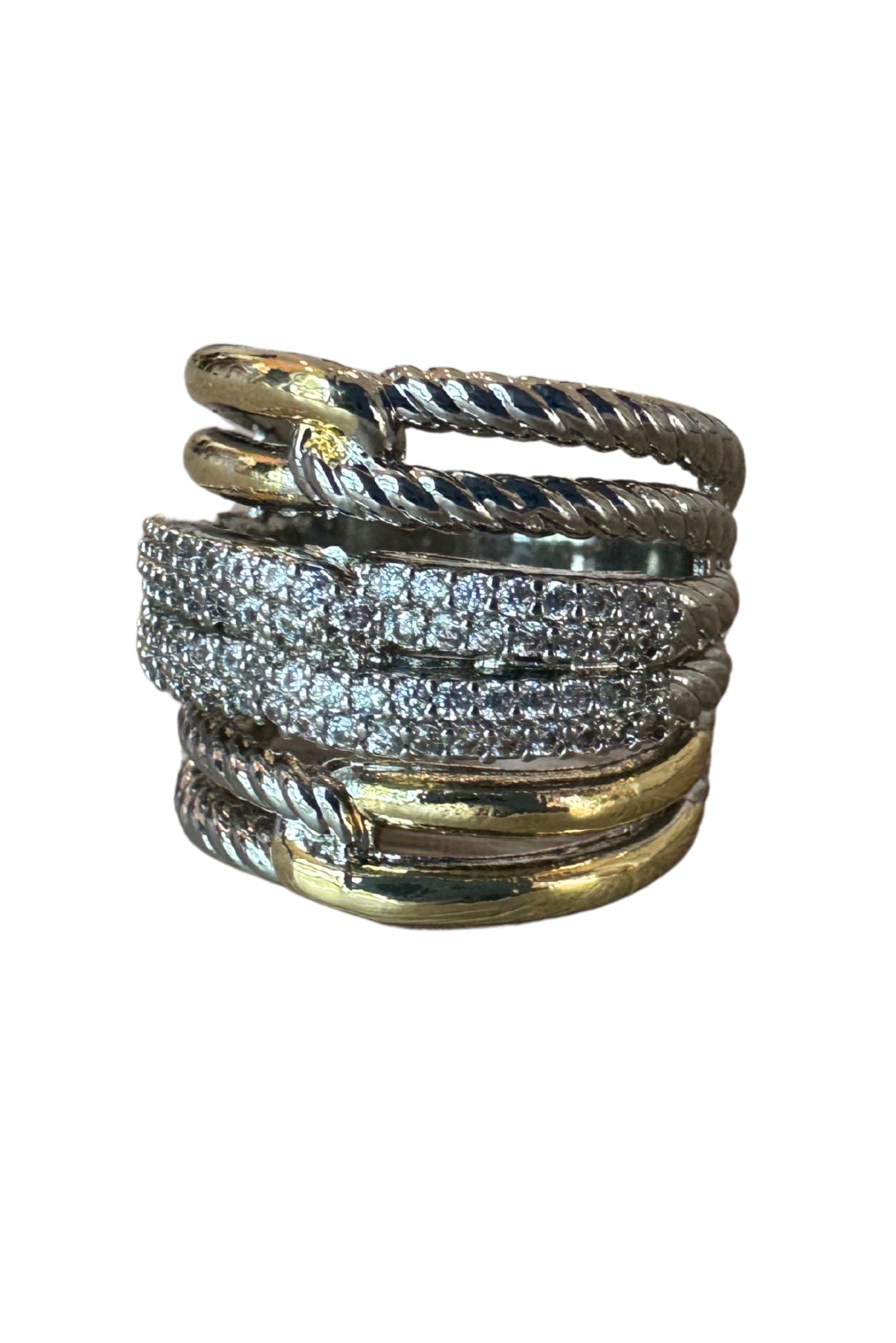 Silver Two Tone Multi Band Stone Paved Ring