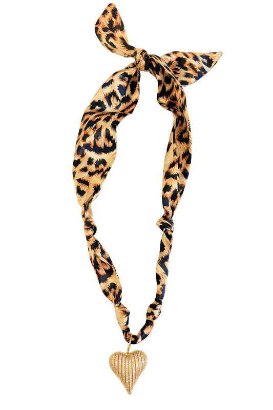 Animal Print Rhinestone Heart Charm Scarf Necklace