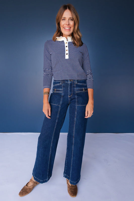 Mica High Rise Front Pocket Seam Detail Wide Leg Jeans