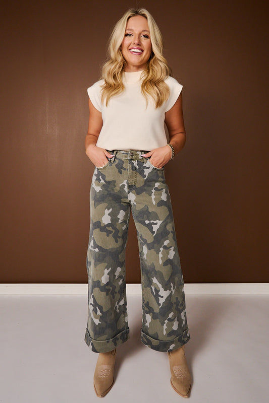 Mica Camouflage High Rise Wide Leg Cropped Jeans with Cuffed Hem