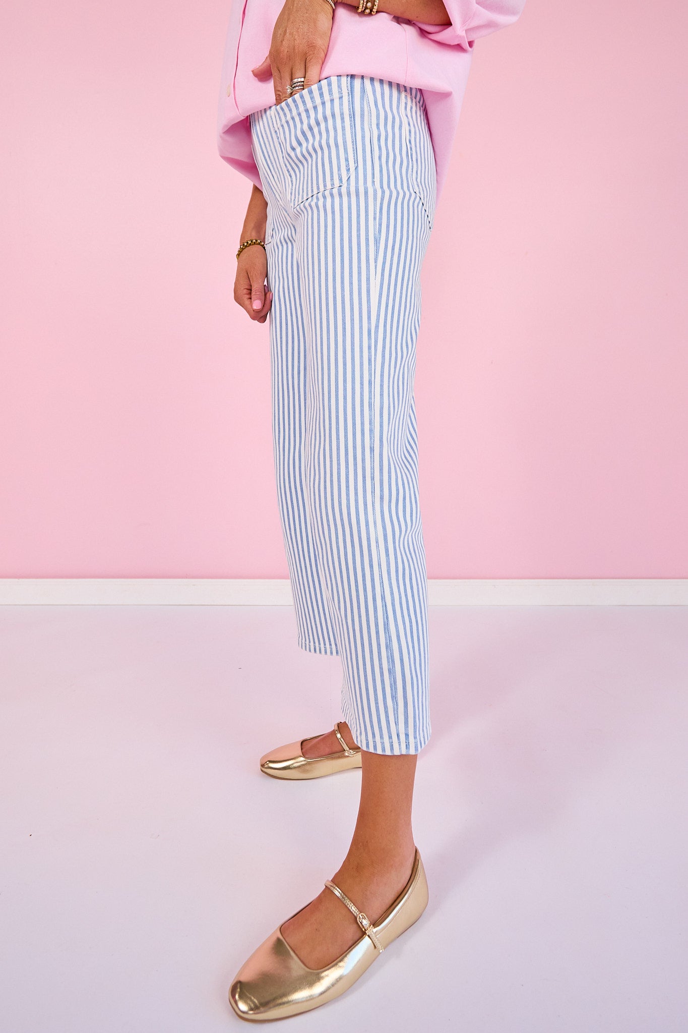Mica Blue Striped High Rise Wide Leg Cropped Jeans