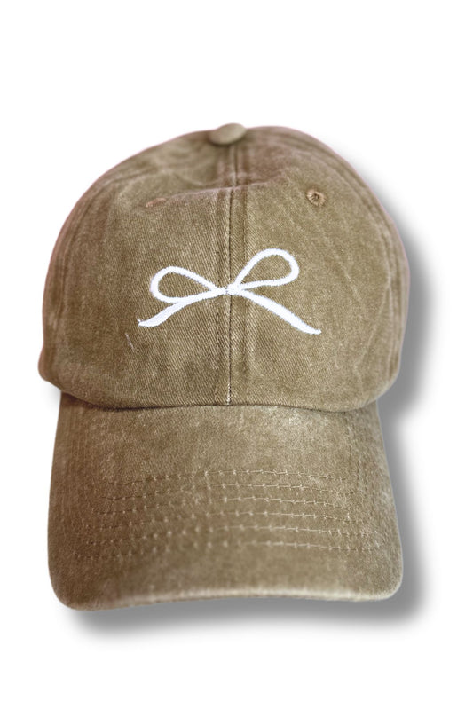 Mocha Washed Ribbon Bow Embroidered Hat *FINAL SALE*