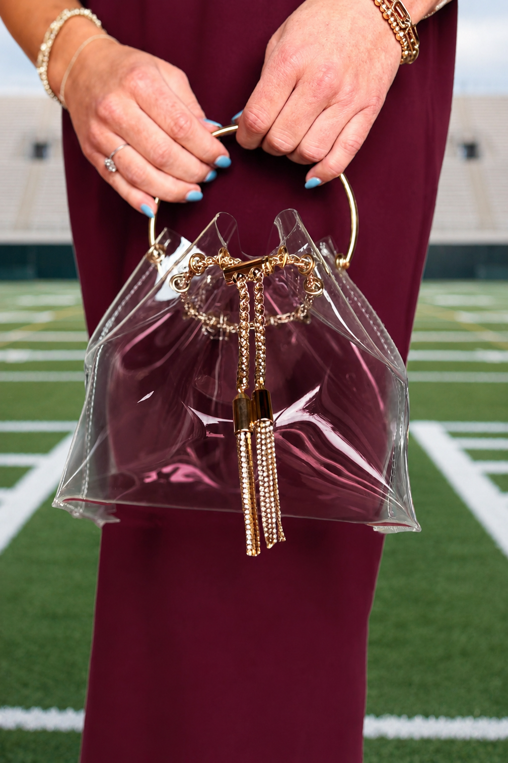 Clear Cinched Chain Tassel Top Purse
