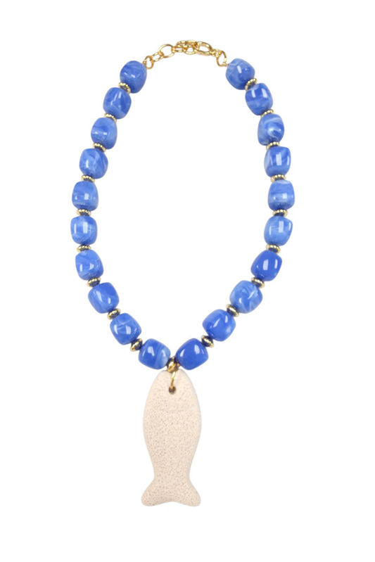 Blue Resin Beaded Fish Lava Stone Necklace