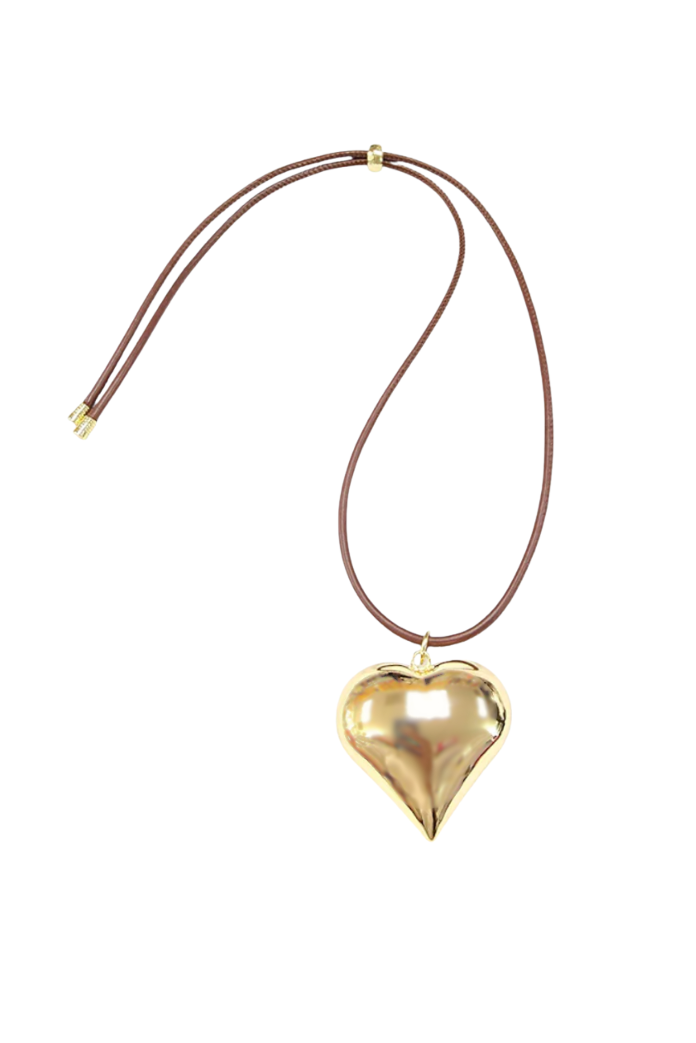 Brown Adjustable Cord Gold Puffy Heart Charm Necklace