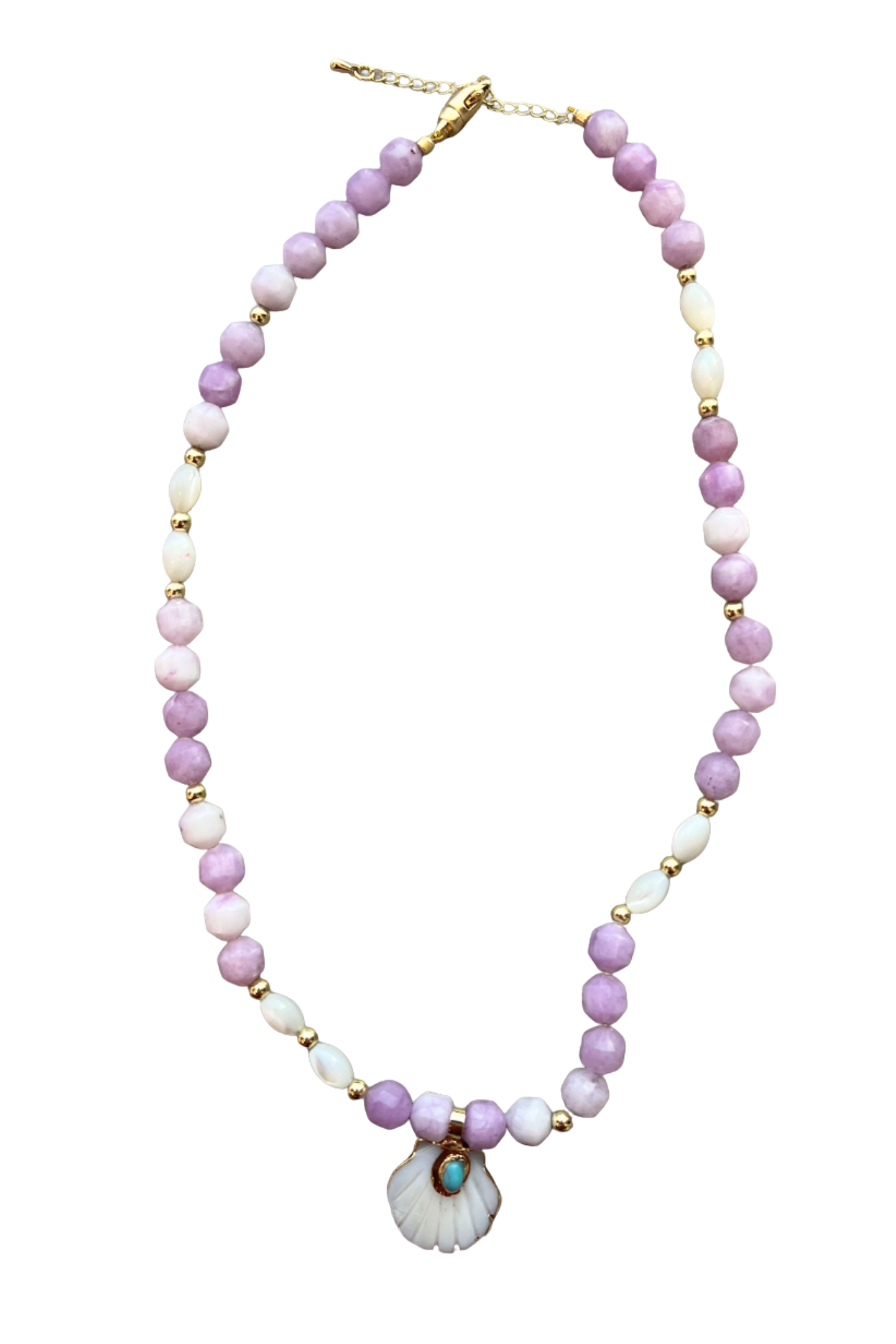 Purple Amethyst Stone Beaded Seashell Charm Necklace
