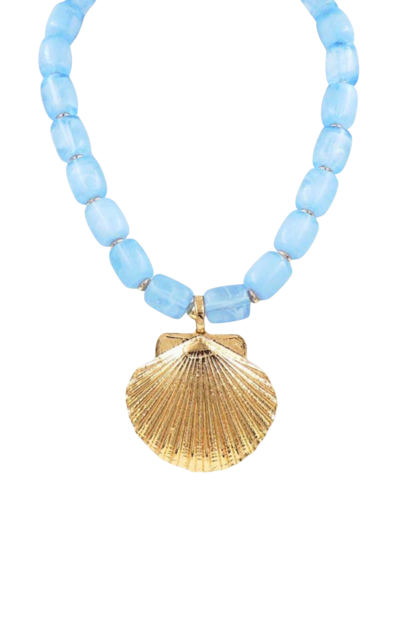 Blue Stone Beaded Gold Seashell Pendant Necklace