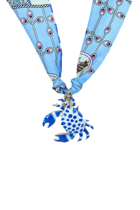Blue Printed Scarf Crab Pendant Necklace