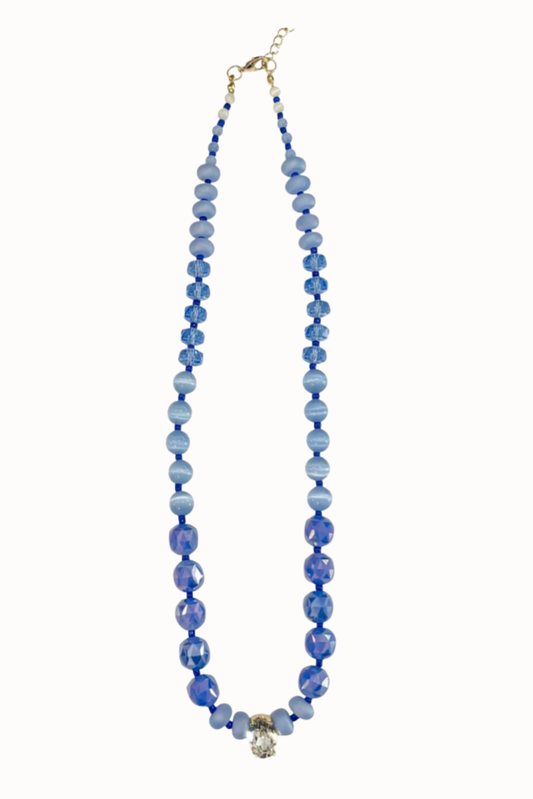 Blue Crystal Pendant Mixed Texture Beaded Necklace