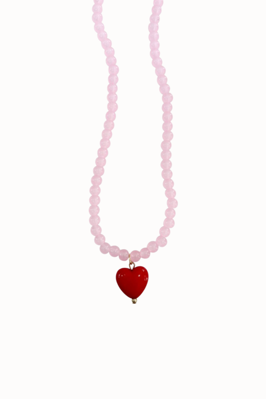 Pink Beaded Red Heart Pendant Necklace