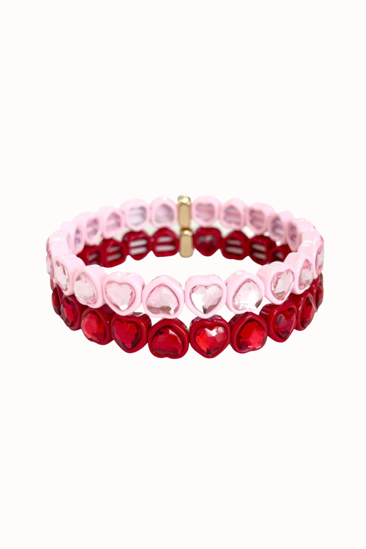 Red and Pink Heart Gem Contrast Stretch Bracelet Set