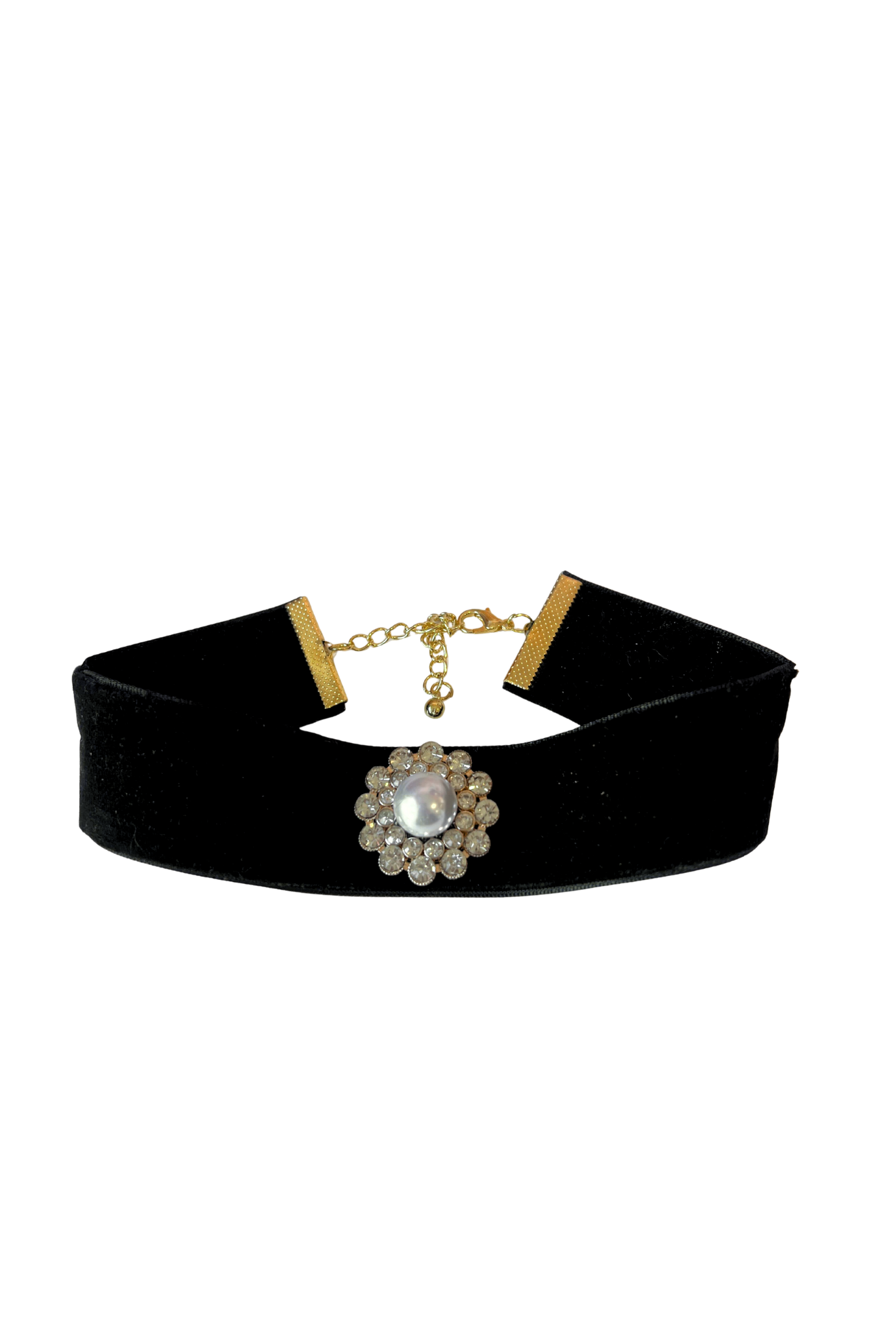 Black Velvet Pearl and Rhinestone Collar Choker Necklace