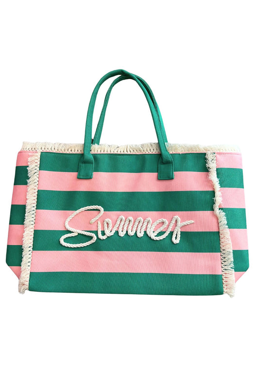Green and Pink Striped Summer Rope Fridge Tote Bag